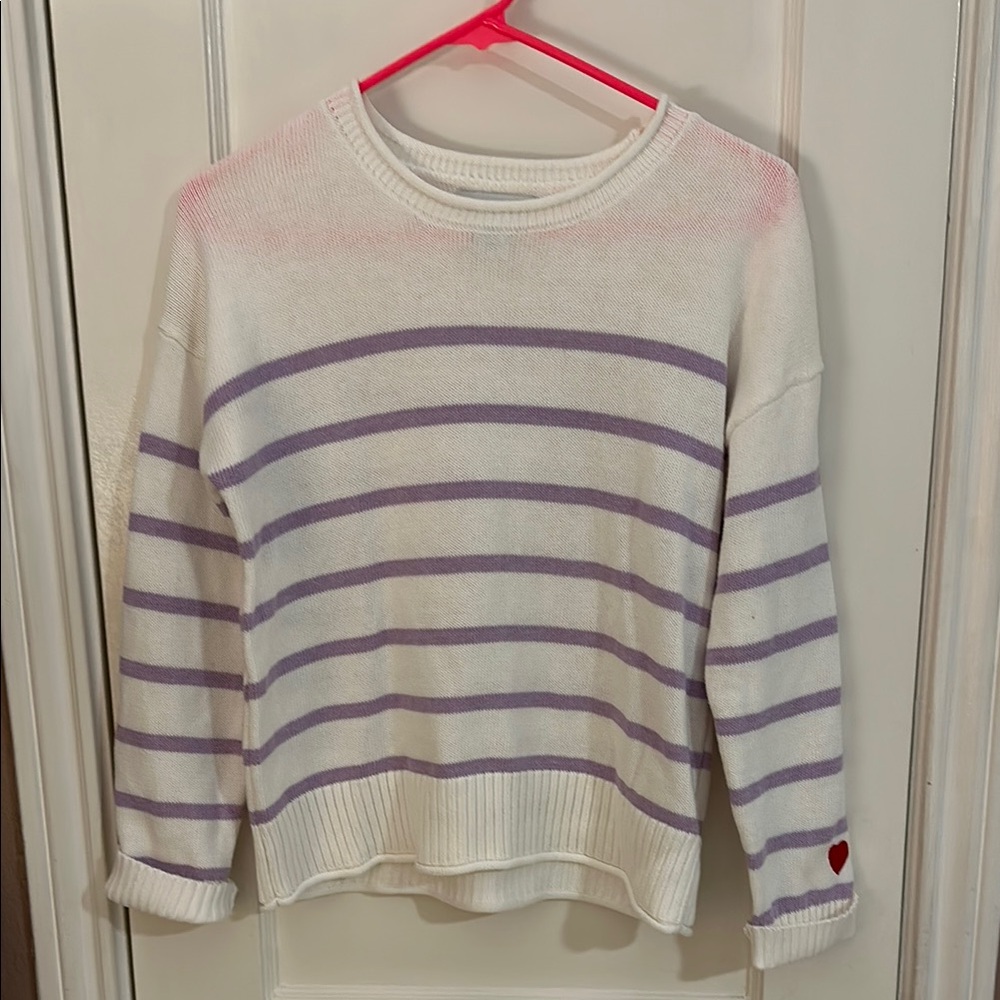 Cupcakes & Cashmere Lavender Striped Crew Neck Sweater with Heart Detail ♥️